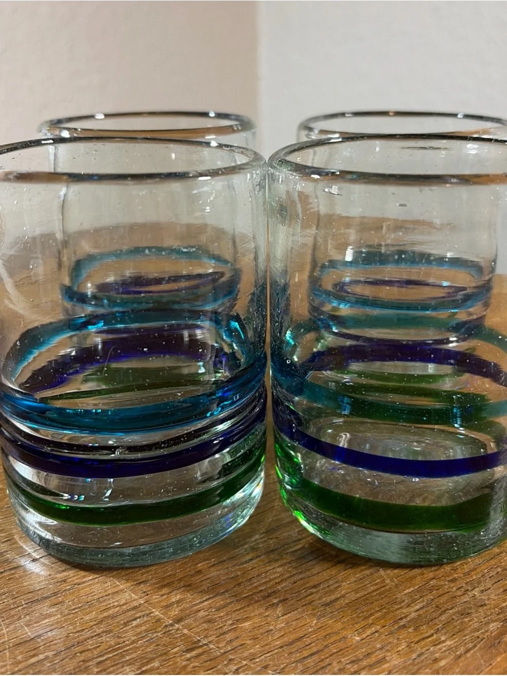 VTG Hand-Blown Mexican Drinking Glasses Set of 4 Barware Green Purple Blue